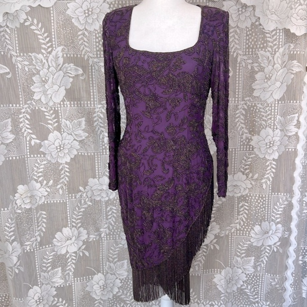 Vintage Elegant Black Tie Oleg Cassini Beaded Fringe Wrap Silk Cocktail Dress